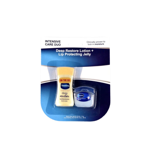 Vaseline - Intensive Care Duo - Travel Size Body Lotion Bottle (0.70") and Lip Protecting Jelly Container (0.20") Set (2 Pieces) - Clinically Proven, Ideal for Lip Protection and Long Lasting Moisturization
